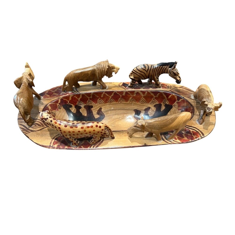 African Safari Animal Hand Carved Wood Bowl 12"w x 5 7/8"d x 4"h - Picture 5 of 16